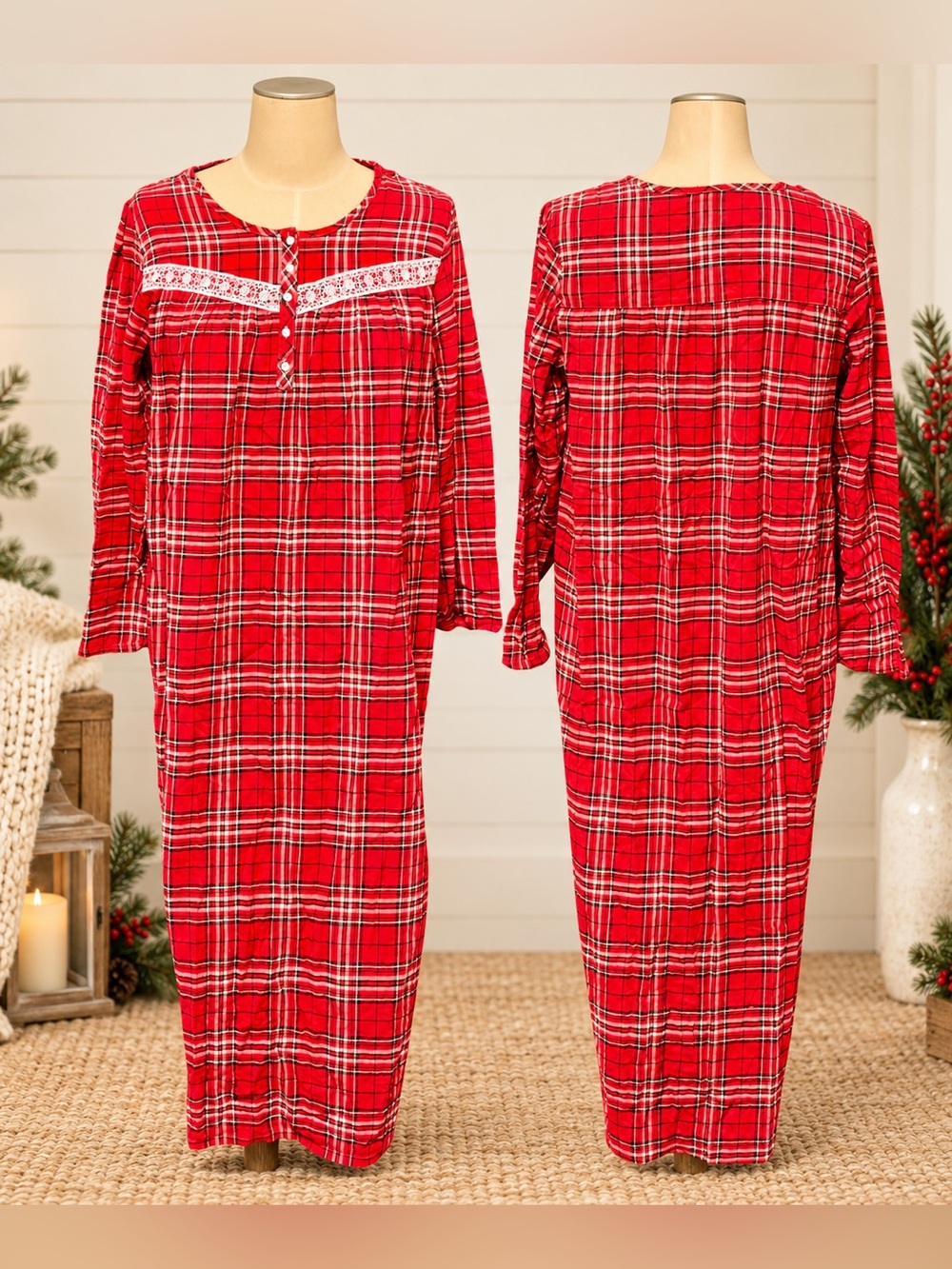 Women’s Croft & Barrow Nightgown Size XL Red Plaid Cotton Long Sleeve